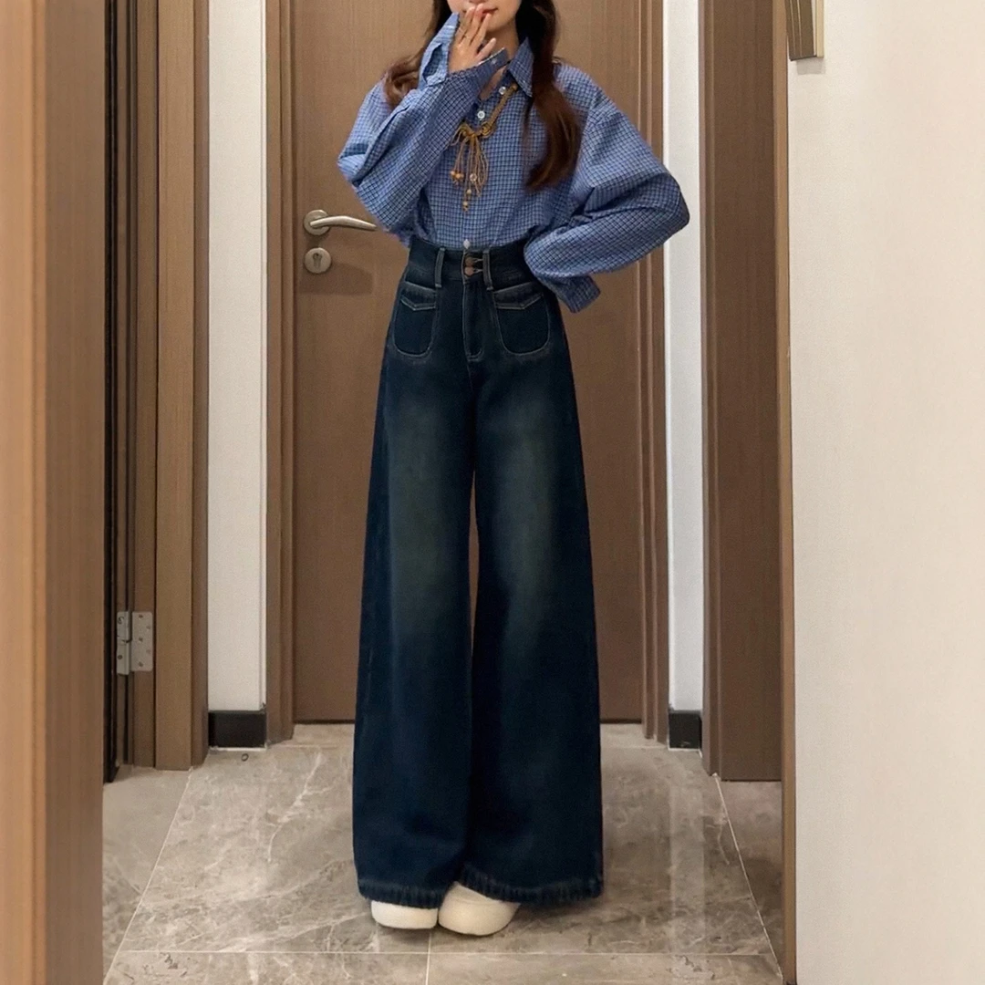 复古时尚百搭牛仔裤女早秋新款大码胖mm高腰不贴腿显瘦百搭阔腿裤
