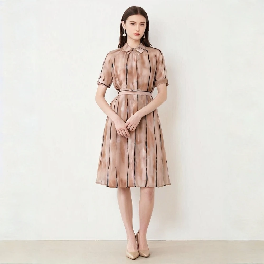 桑蚕丝连衣裙夏季晕染法式气质百搭短袖显瘦LW 82570012 橘粉色