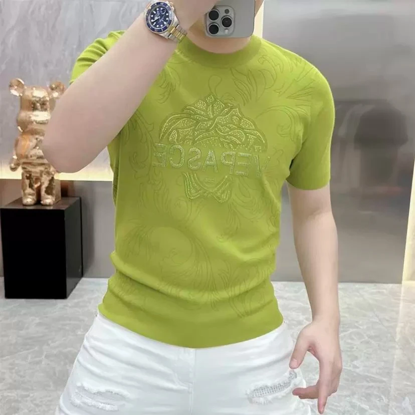 男士冰丝针织T恤夏季2025年新款潮帅气高档时尚修身短袖夏天上衣