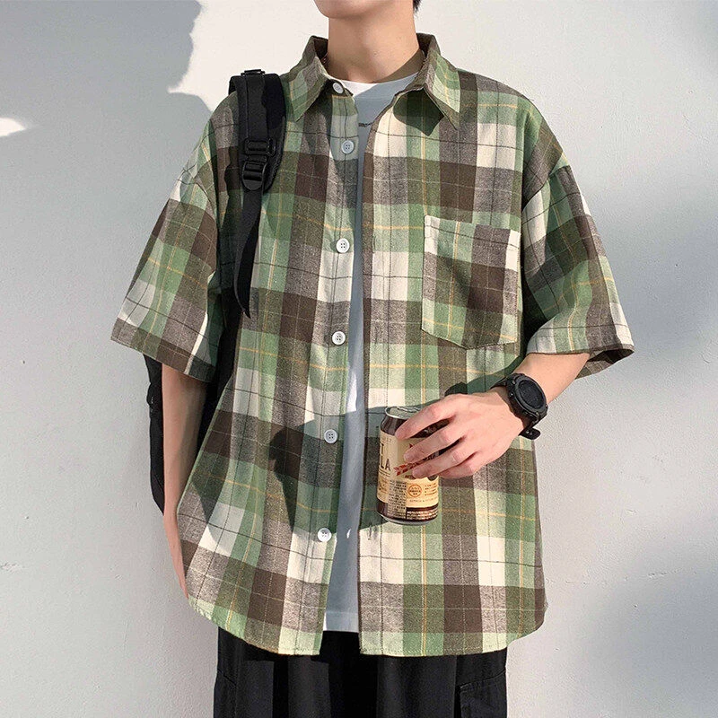 拼色格子短袖衬衫男夏季潮牌宽松痞帅高级感休闲半袖冰丝薄款衬衣