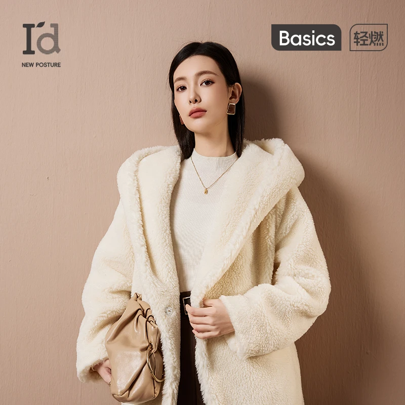 I'd爱帝泰迪熊皮草大衣时尚连帽羊毛绒外套冬廓形宽松羊驼绒