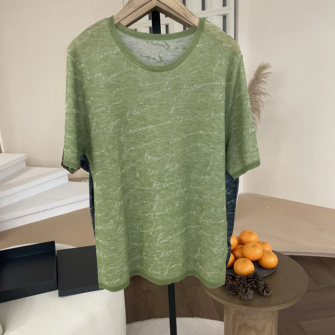 超细精纺水溶系列~100纯羊毛圆领字母短袖T恤女显瘦针织衫上衣