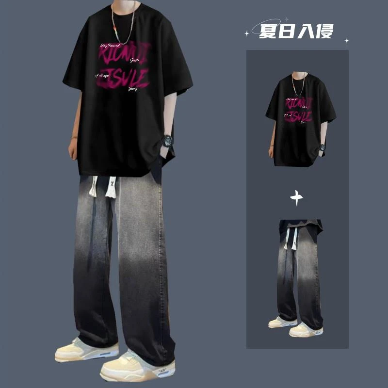 夏日男生美式短袖T恤套装美式潮流一套搭配牛仔裤学生高街两件套