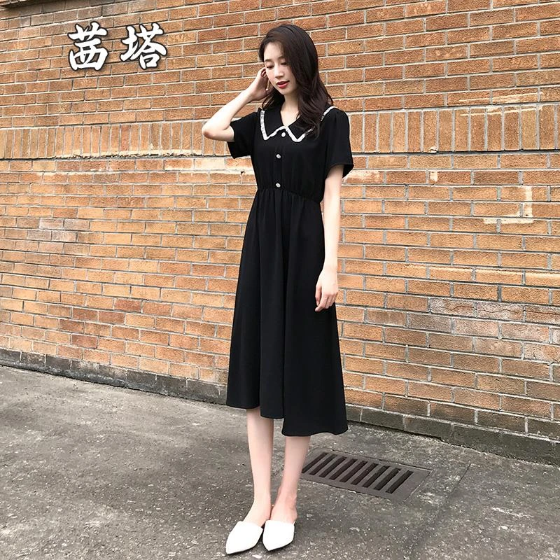 黑色连衣裙女夏2025新款中长款收腰显瘦法式减龄娃娃领雪纺小黑裙