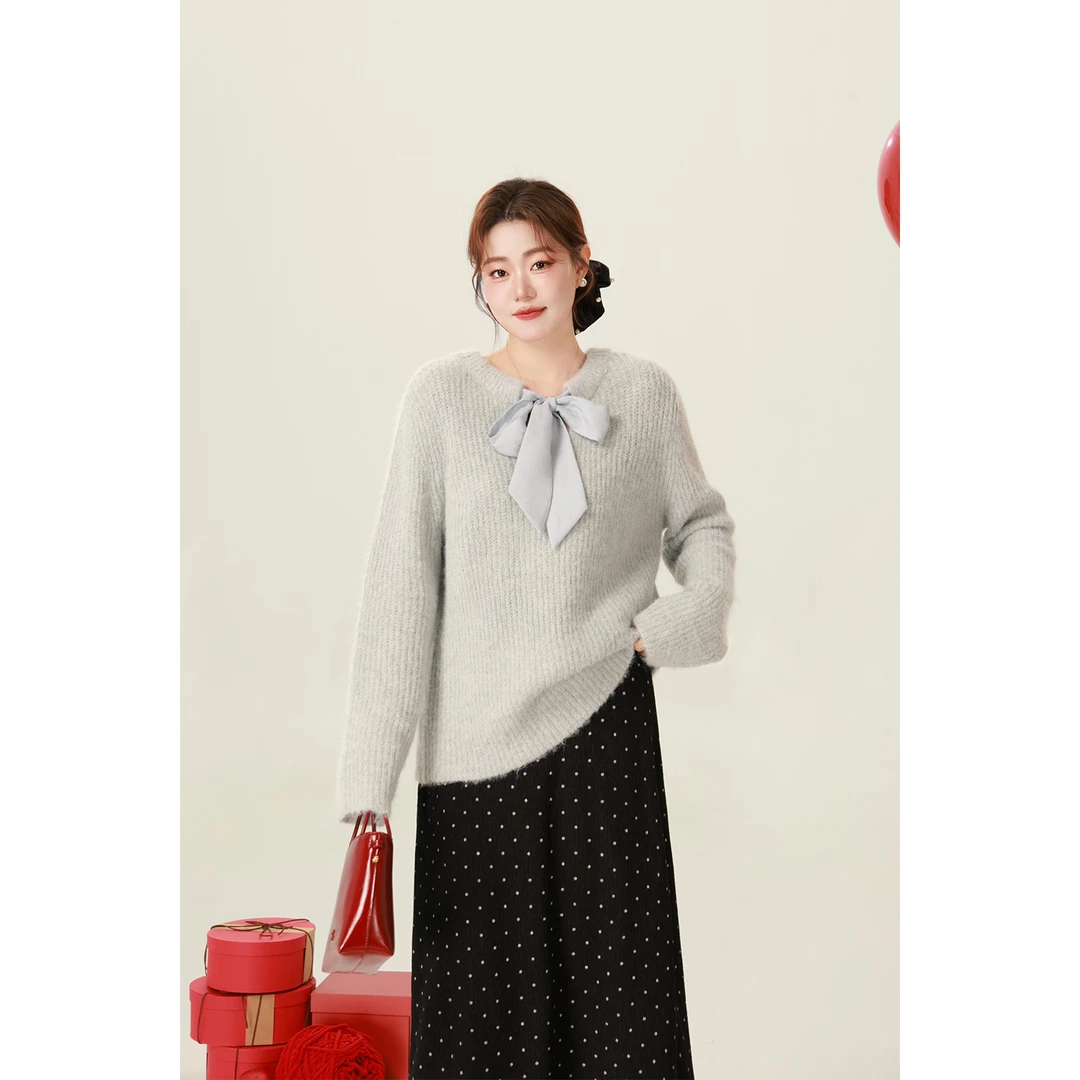 大婉酱微胖定制设计感蝴蝶结毛衣早春新款温柔宽松百搭上衣 7841D
