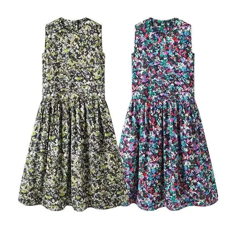 【可宝高端自营】新款简约宽松无袖圆领碎花设计感A字连衣裙-D8920