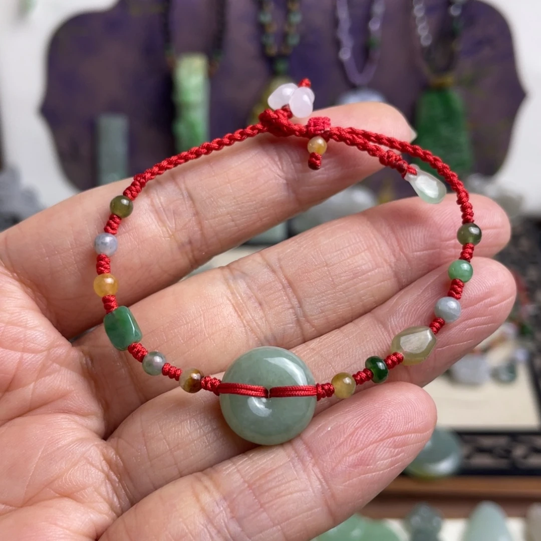 翡翠未镶嵌手链平安扣红绳手链