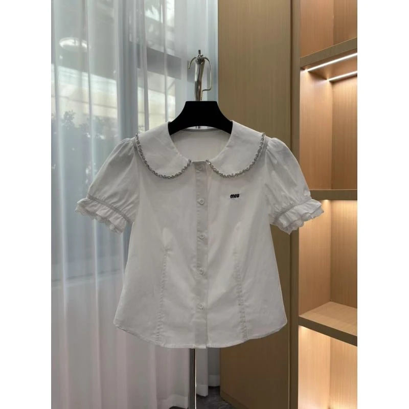 <猪猪出品>2025春夏上新白色时尚百搭夏季蕾丝袖娃娃领衬衫627
