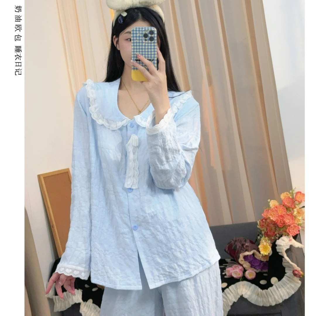 【冰川蓝2.0】长袖版夏季新款轻薄透气带胸垫泡泡棉纱睡衣家居服