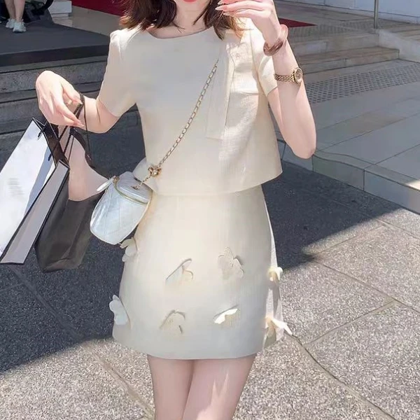 【25017】甜美法式时尚套装上衣夏季白色减龄小香风套装洋气轻熟