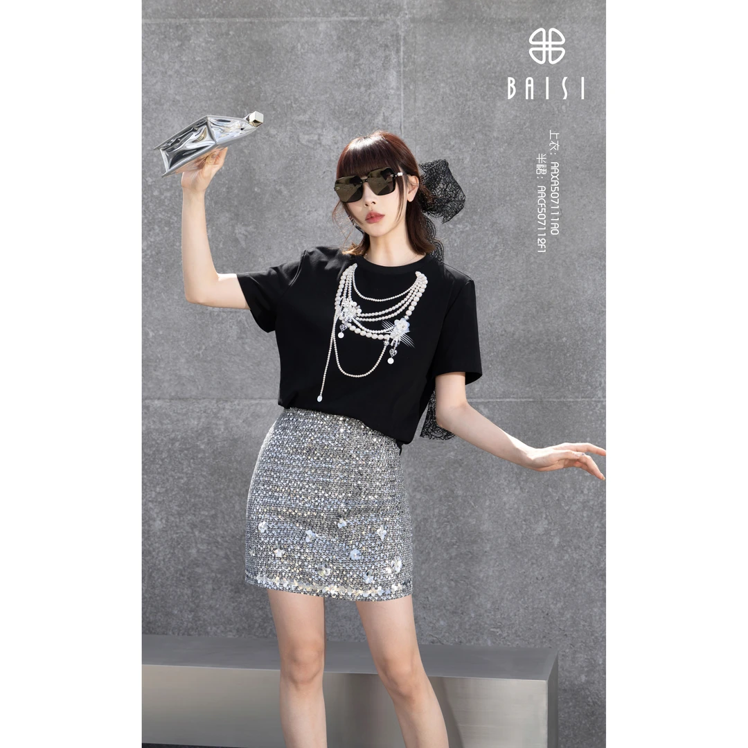 BAISI 百丝2025秋装AAXA507111A0时尚减龄T恤上衣