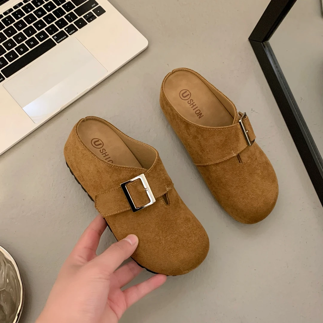 复古厚底包头半拖鞋女外穿2025春夏新款一脚蹬懒人内增高勃肯鞋子