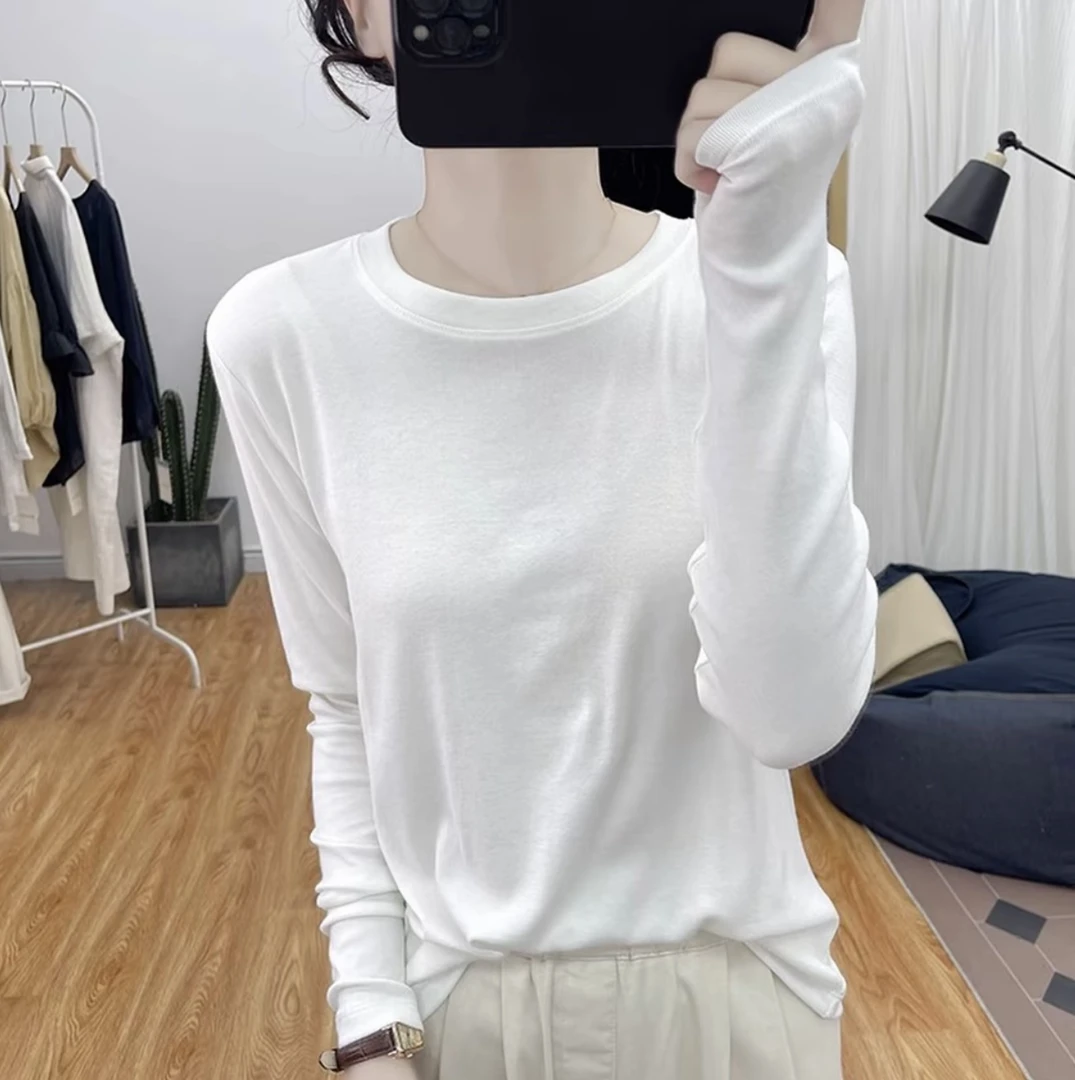 2025年春款百搭高品质打底衫长袖圆领纯色T恤韩系复古女款上衣
