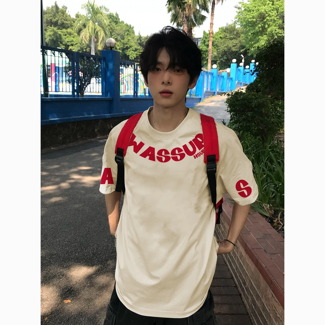 WASSUP HSUBE潮牌设计字母印花重磅短袖男款ins宽松纯棉半袖T恤女