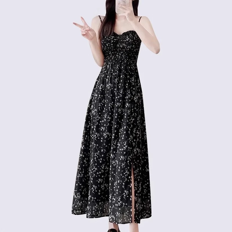 XIABEISHU法式气质黑色碎花吊带长裙女夏季收腰雪纺连衣裙