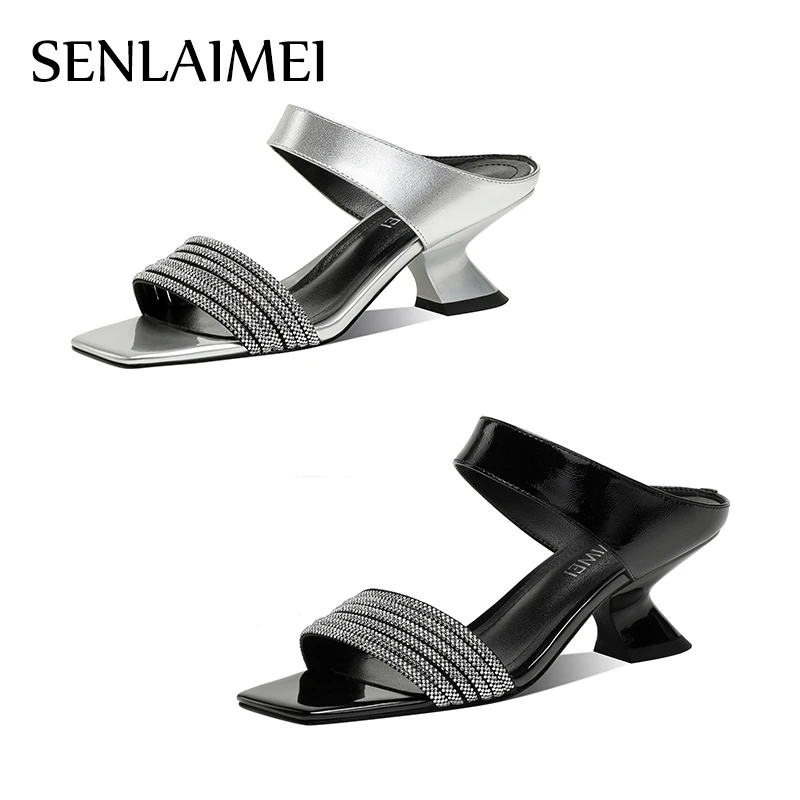 【现货】舒适方头拖鞋/牛皮/34-40/坡跟凉拖鞋新款粗跟凉鞋8623