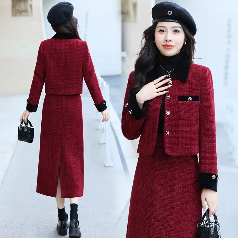小香风套装裙女2025春秋新款时尚气质名媛高级感呢子短外套两件套