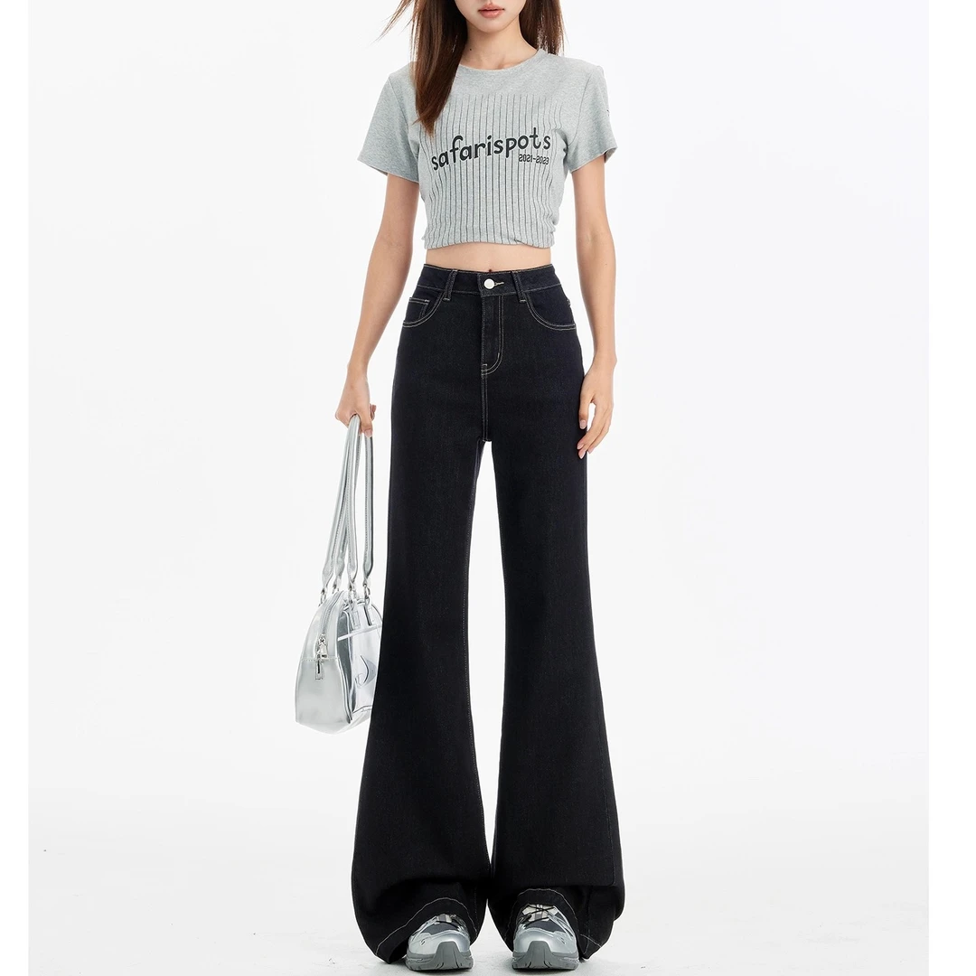 深色不贴腿微喇叭牛仔裤女秋季新款高个子高腰垂感阔腿加长裤子