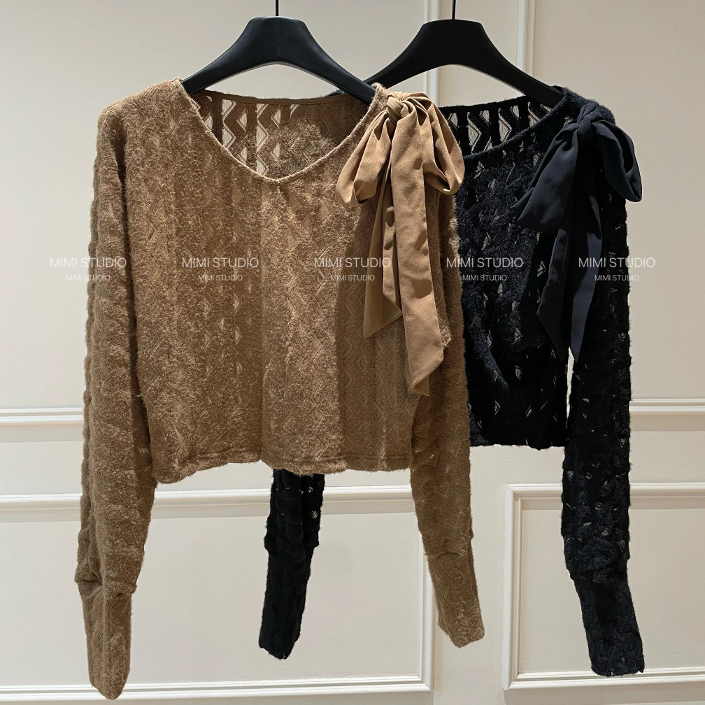 2025秋冬新款 轻熟风蝴蝶结长袖女显瘦百搭休闲上衣576