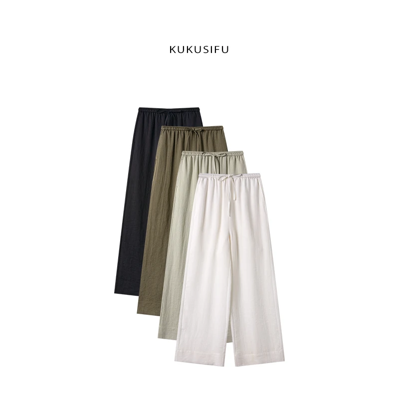 亚麻薄款宽松显瘦高腰直筒休闲裤垂感设计阔腿裤女夏季