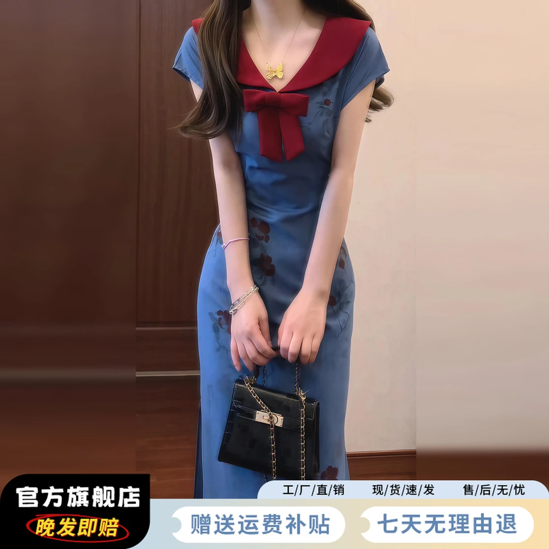 新中式国风蝴蝶结碎花连衣裙子女夏季2025新爆款修身显瘦旗袍长裙