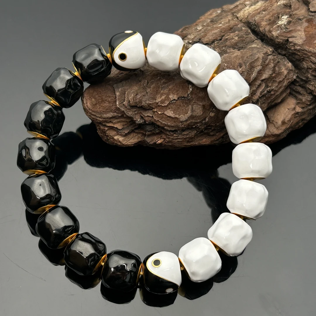 刘爷专属 深圳水贝足金卡12珐琅彩黑白太极无相手串