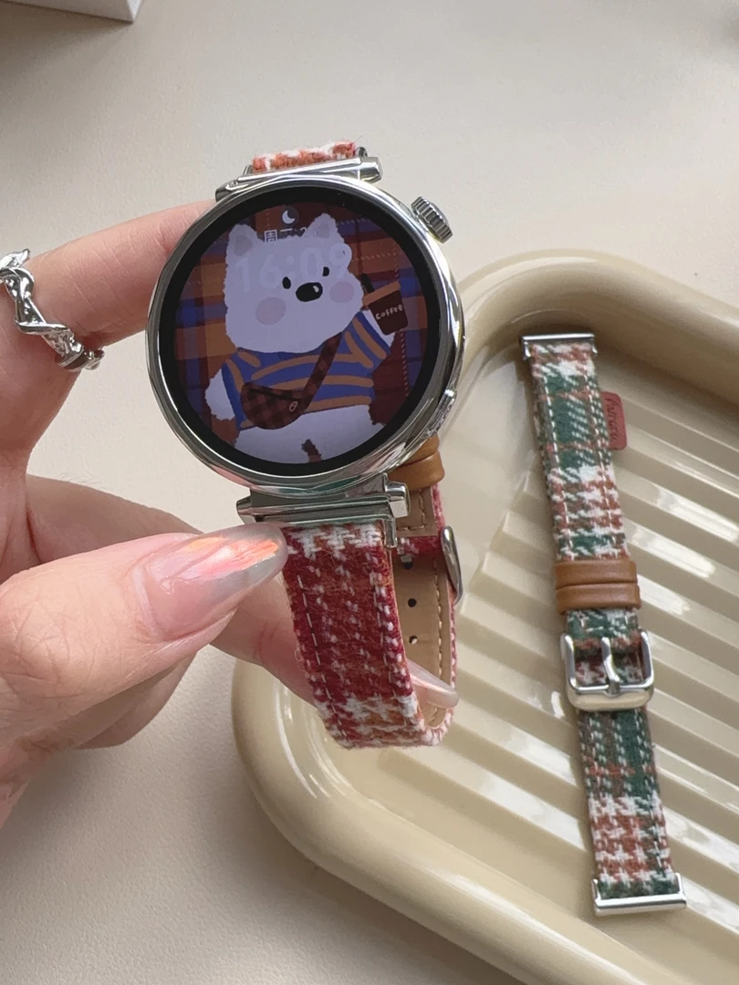 毛呢格纹皮质表带适用华为gt5手表gt4/gt3/gt2替换腕带watch fit3