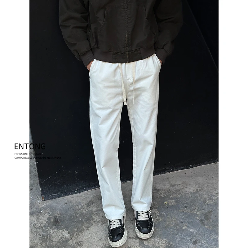 Entong日系白色休闲裤男士春季潮牌复古vibe修身直筒显瘦男生长裤