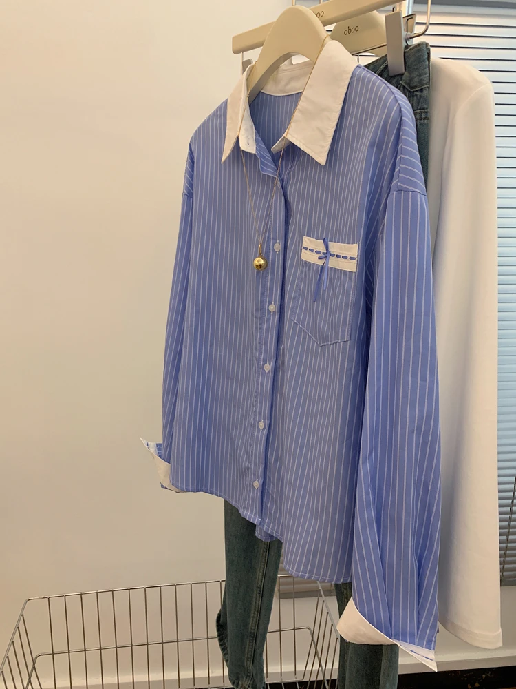开春小众穿搭设计感蓝色条纹长袖衬衫外套女上衣宽松撞色2025新款