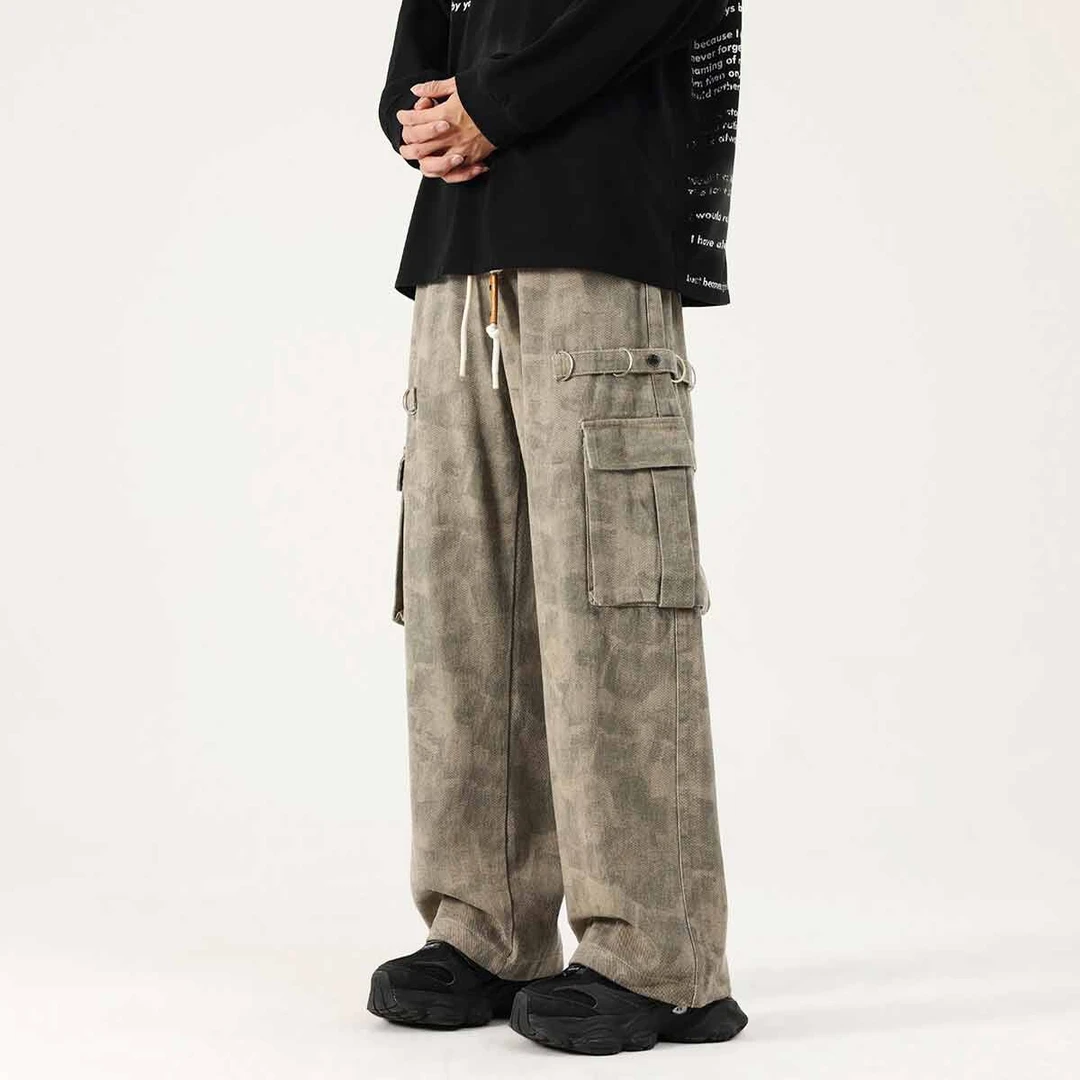 美式复古迷彩工装裤欧美hiphop炸街裤子小众设计感直筒阔腿裤