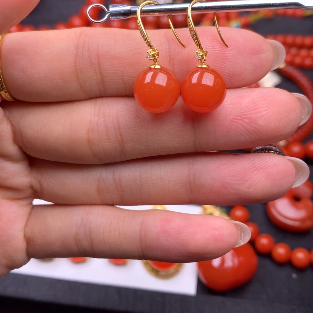 【闪购商品】18K金镶嵌南红玛瑙耳饰保山南红原矿金镶圆珠耳坠