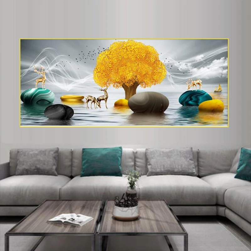 新中式横版山水风景客厅装饰画沙发背景晶瓷挂画