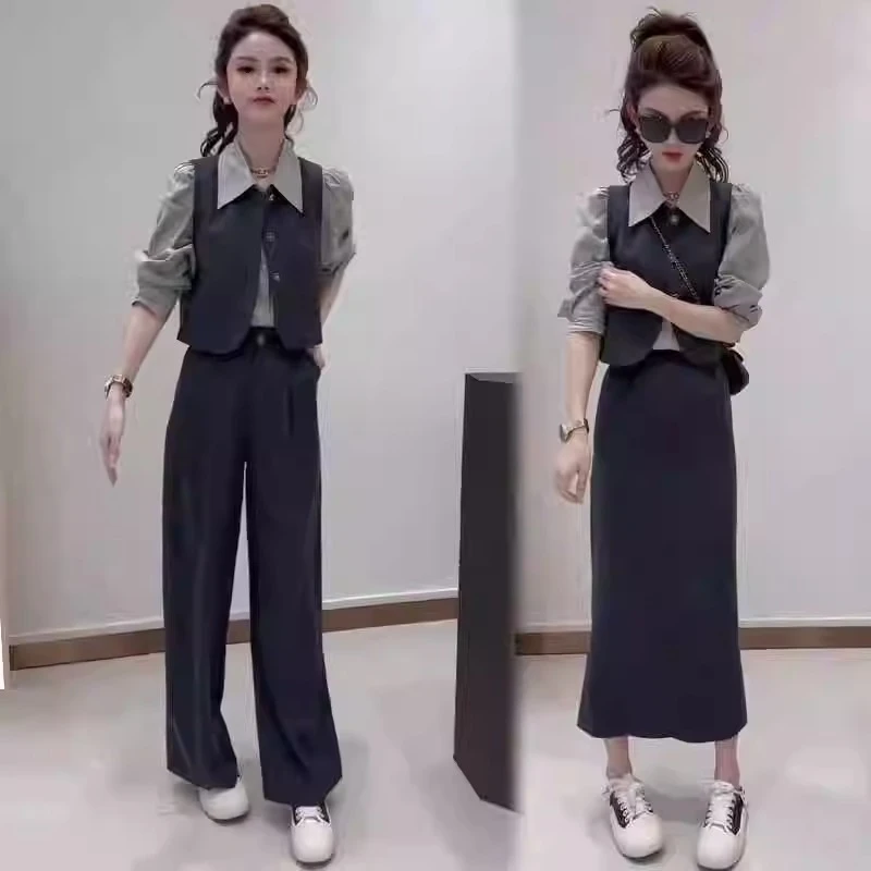 网红减龄套装女2024秋季时尚洋气衬衫马甲阔腿裤气质小香风三件套
