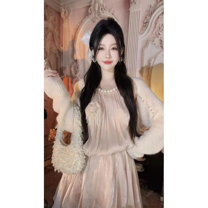 【崔】L0028 流光感连衣裙女高级感气质百褶A字裙