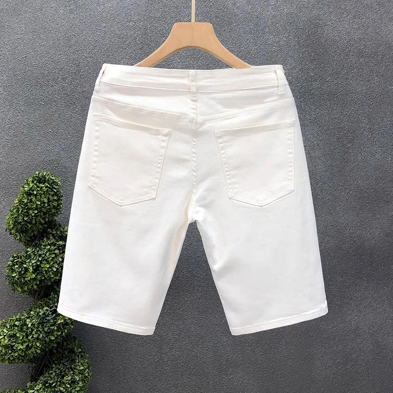 潮牌高端痞帅纯白色牛仔短裤男士潮流休闲五分裤夏季修身中裤子男
