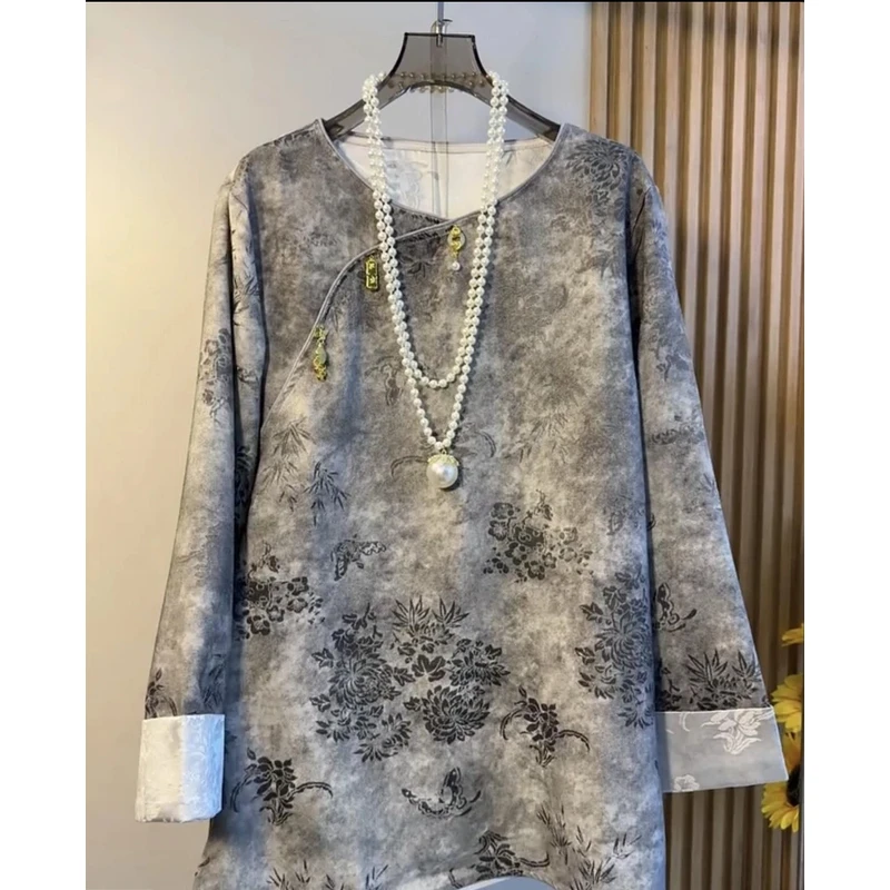 6623#提花常规款长袖圆领斜襟上衣中式气质宽松大码中国风
