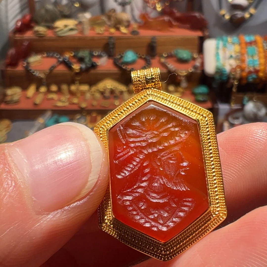 玛瑙/玉髓18K金镶嵌珠宝半成品萨珊印章珠
