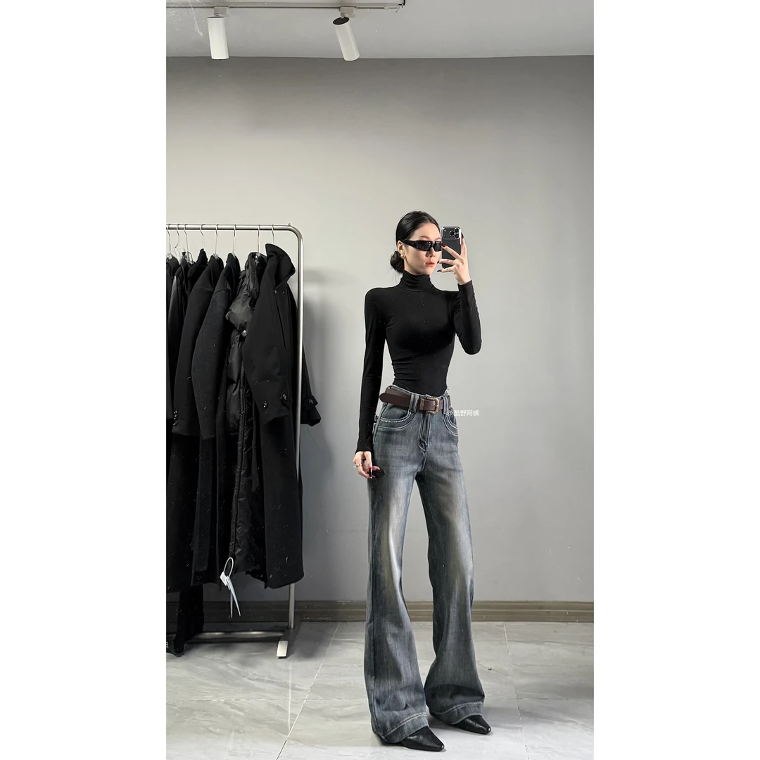 KUYEAYI / 复古洗水加绒高腰显瘦微喇牛仔裤