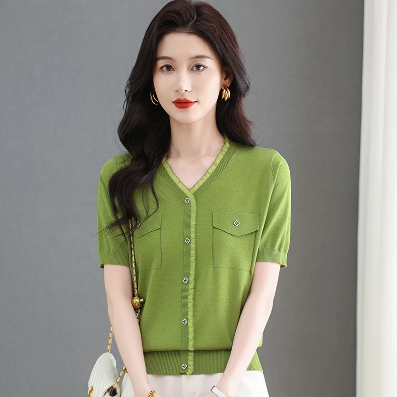 小香风短袖女士宽松V领木耳边套头半袖上衣T恤薄款气质夏季新款