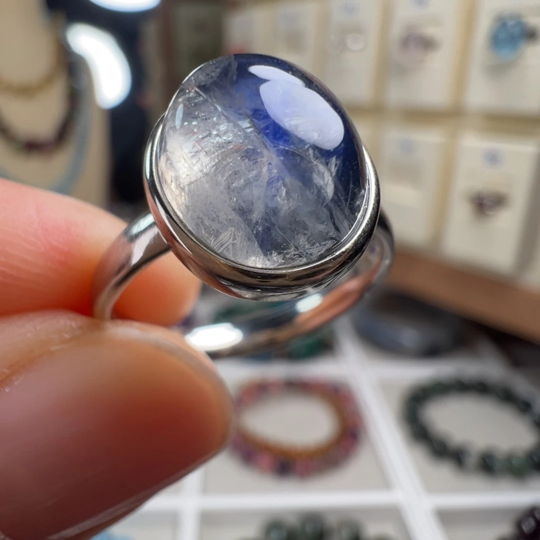 银S925镶嵌戒指拉长石天然蓝光月光石