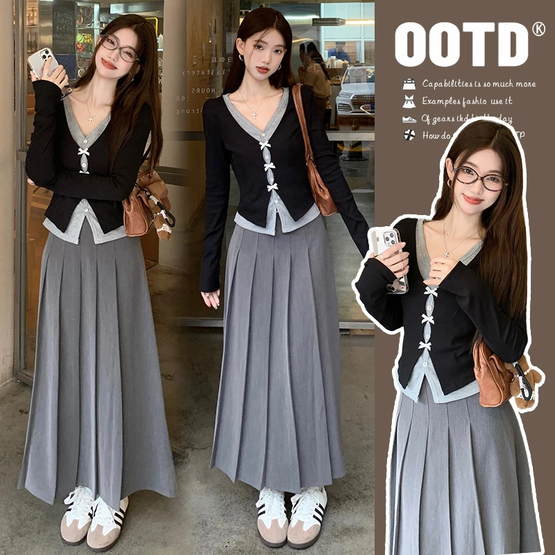 孕妇装秋季学院极简风黑色上衣搭配休闲灰色半身裙孕妈外穿两件套