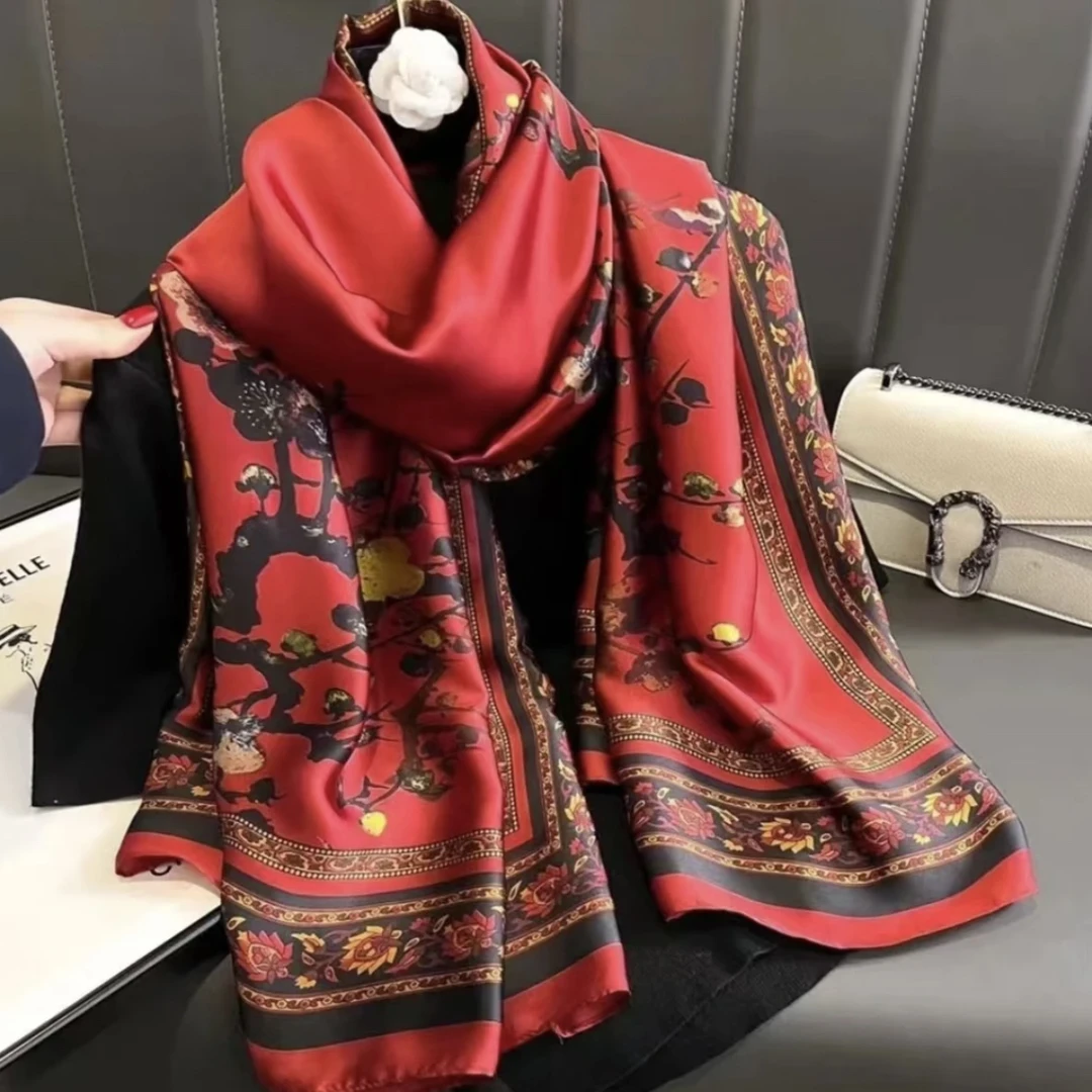 梅香如故缎高奢围巾高档百搭180*80印花时尚民族风春秋