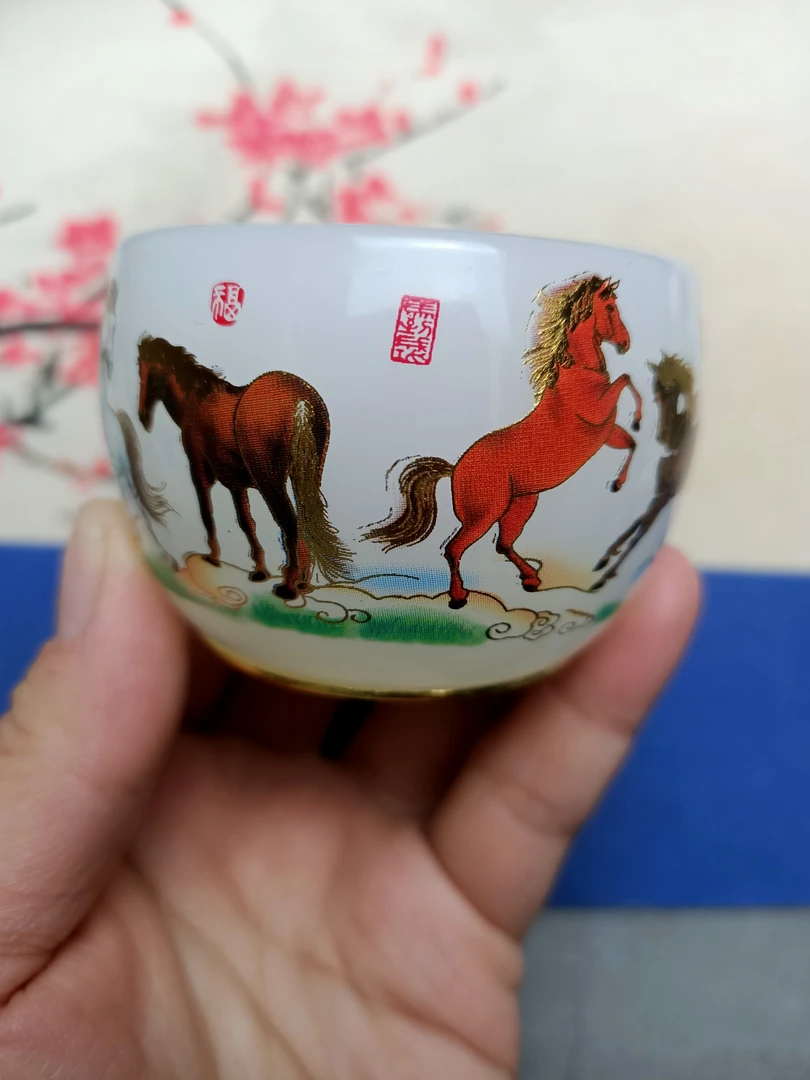 （直播专享福利）白色金边彩八骏图小琉璃杯高端茶杯单只装无礼盒