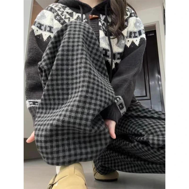 复古格子裤子女直筒春秋季2025新款休闲显瘦冬季加绒毛呢阔腿裤子