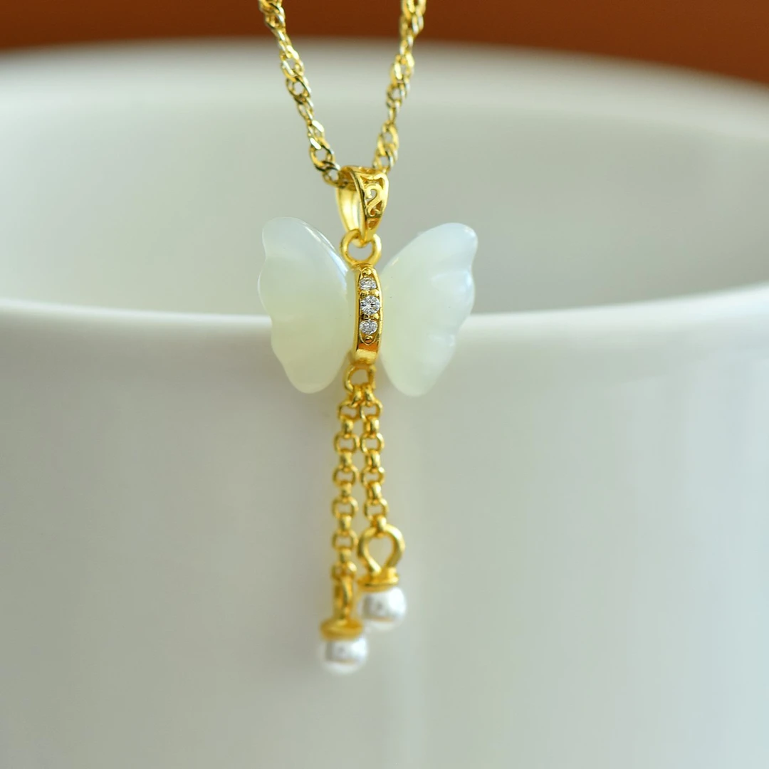 s925银镶和田玉蝴蝶流苏吊坠不含链3453-2#