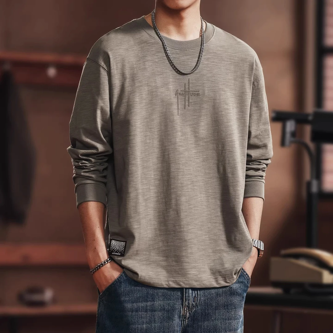 高端日系加绒竹节棉刺绣长袖T恤男款2025秋季宽松纯棉上衣百搭