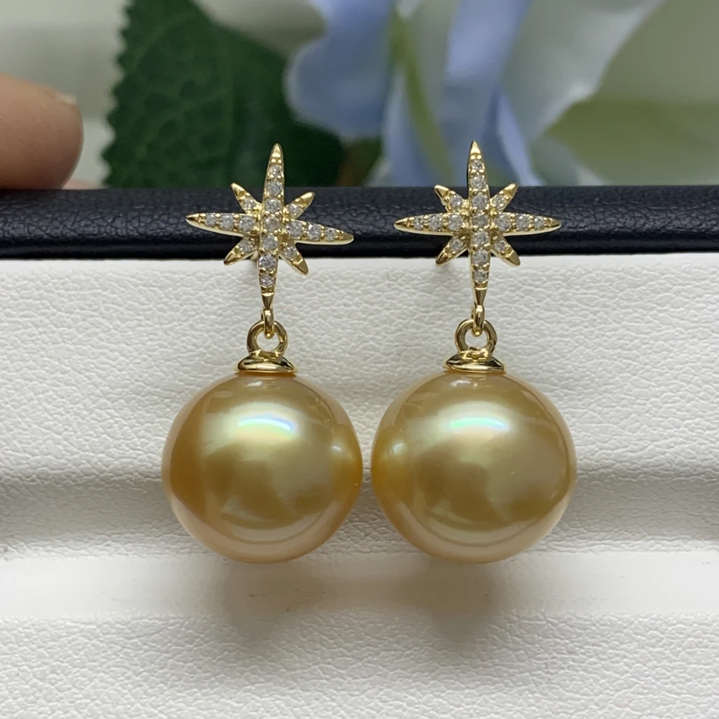 天然海水珍珠南洋金珠浓金银耳坠12-13mm气质高雅