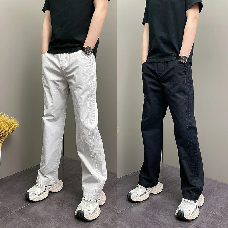 春夏季潮流韩版痞帅宽松哈伦条纹纯色阔腿裤男士青年休闲长裤子男