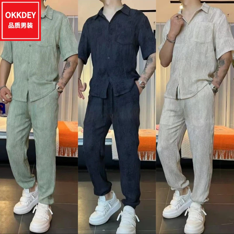 男士夏季薄款短袖衬衫棉麻裤子舒适两件套高品质男装休闲运动套装