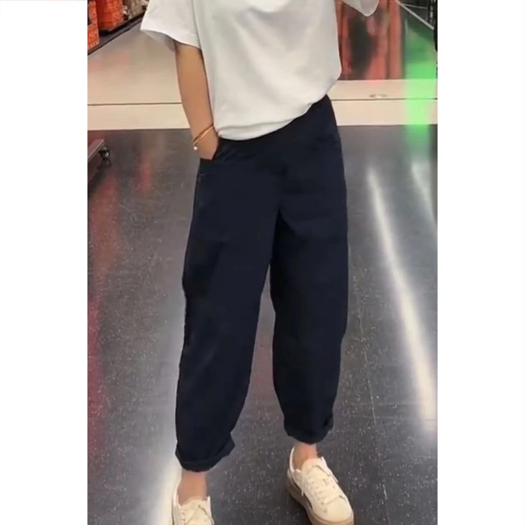 百搭简约休闲裤女夏季新款梨型身材宽松显瘦薄款九分阔腿哈伦裤